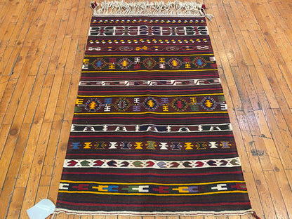 Vintage Anatolian Turkish Kilim Runner - Handwoven Wool Rug with Geometric Tribal Patterns in Maroon, Yellow & Multicolor  2'9''x4'8''