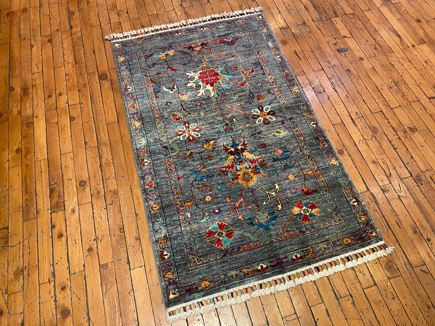 Indigo Gray Floral Handmade Area Rug 3x5 ft 130x85cm Cappadocia Rug Collection