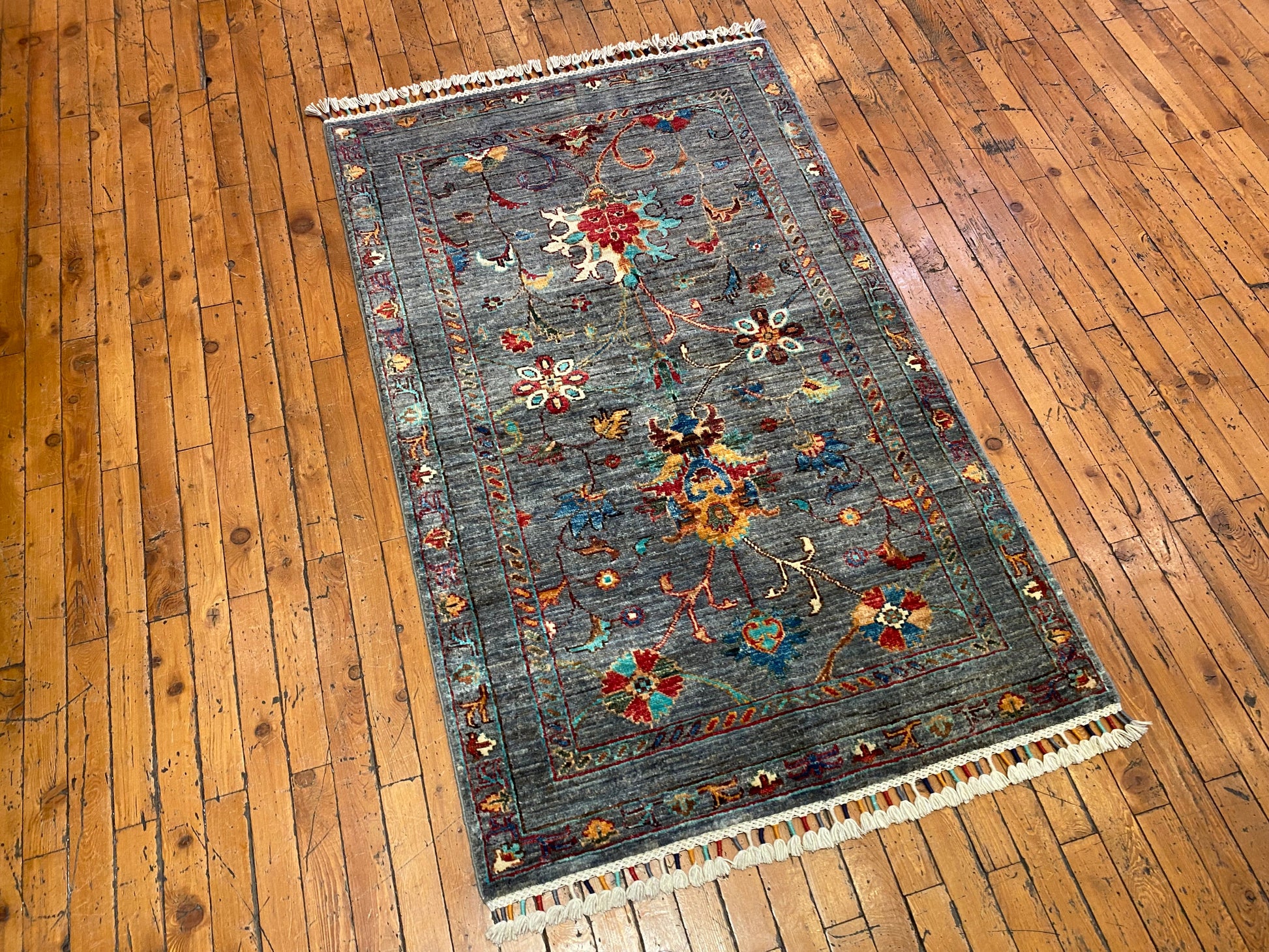 Indigo Gray Floral Handmade Area Rug 3x5 ft 130x85cm Cappadocia Rug Collection