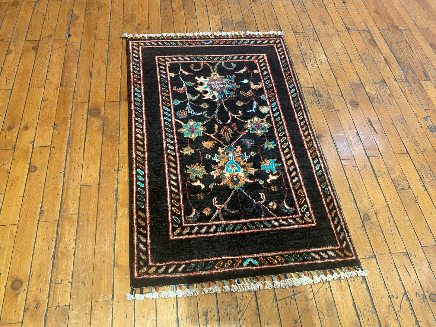 Floral Black Background Turkish Rug - Handmade Vintage Style Runner 2x3 ft