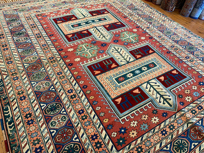 Hand-Knotted Wool Oriental Carpet with Geometric Tribal Cross 7’2”x9”