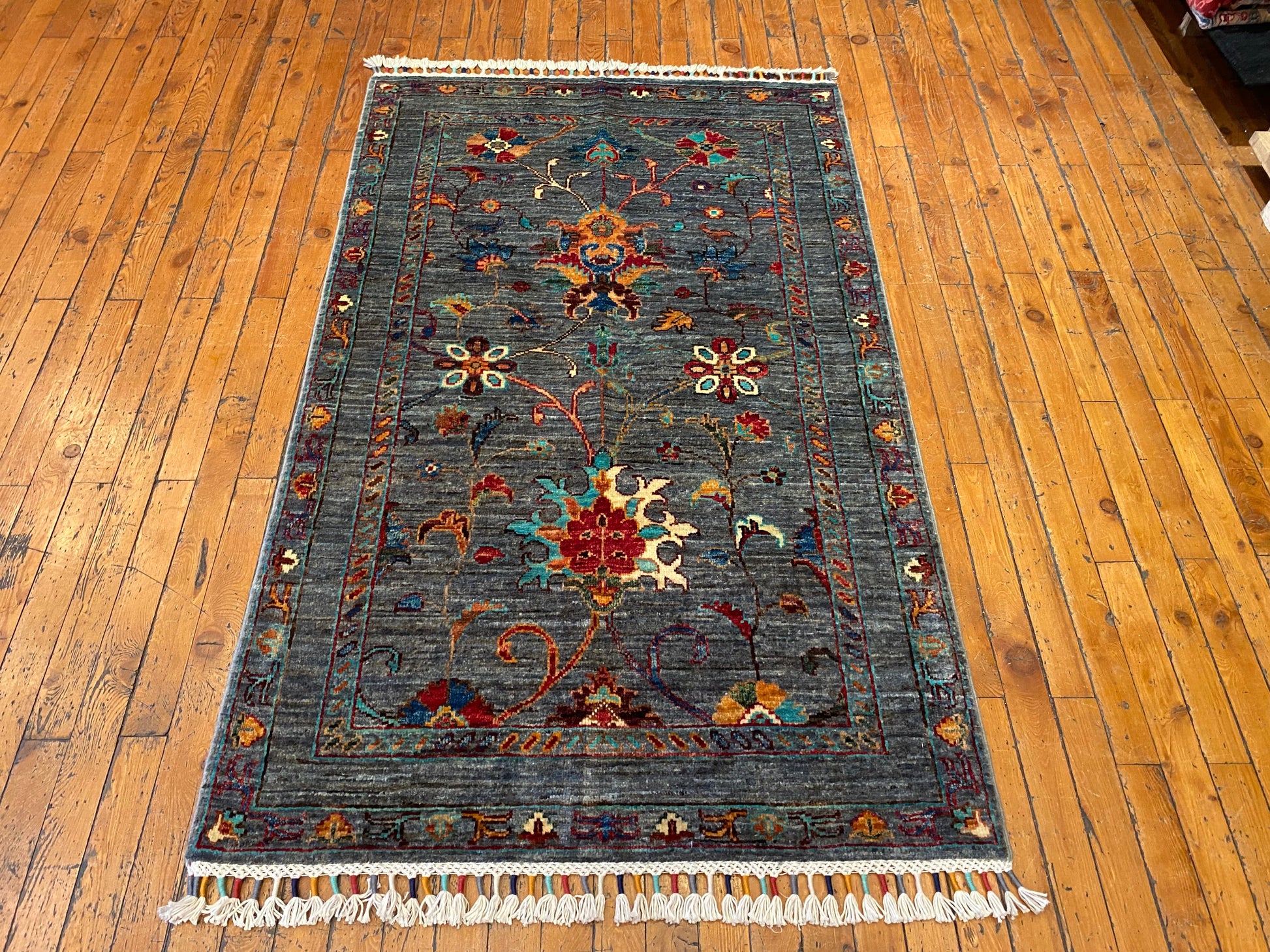 Indigo Gray Floral Handmade Area Rug 3x5 ft 130x85cm Cappadocia Rug Collection
