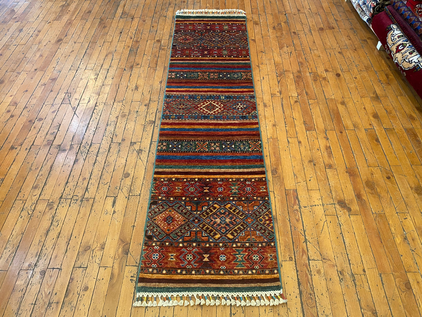 Handwoven Tribal Runner Rug – Vintage Anatolian Carpet with Geometric Motifs 2x7ft