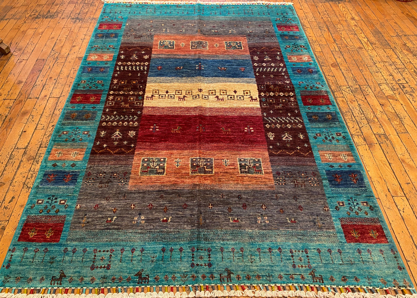 Turquoise Gabbeh Rug 4x6 ft | Handwoven Wool Carpet | Premium Home Decor Cappadocia Rug Collection