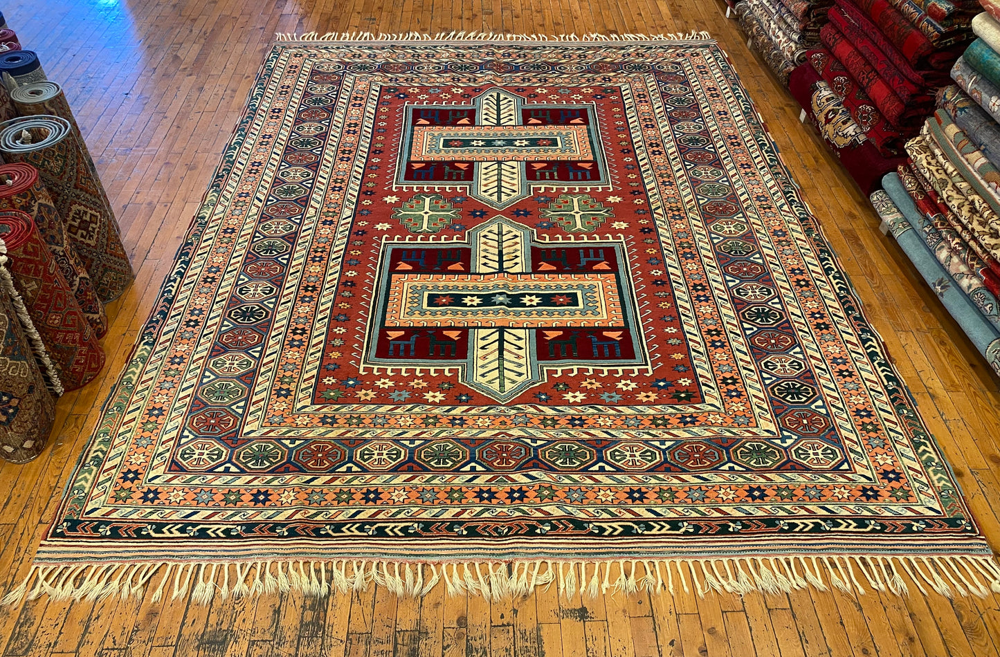 Hand-Knotted Wool Oriental Carpet with Geometric Tribal Cross 7’2”x9”