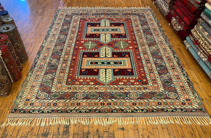 Hand-Knotted Wool Oriental Carpet with Geometric Tribal Cross 7’2”x9”