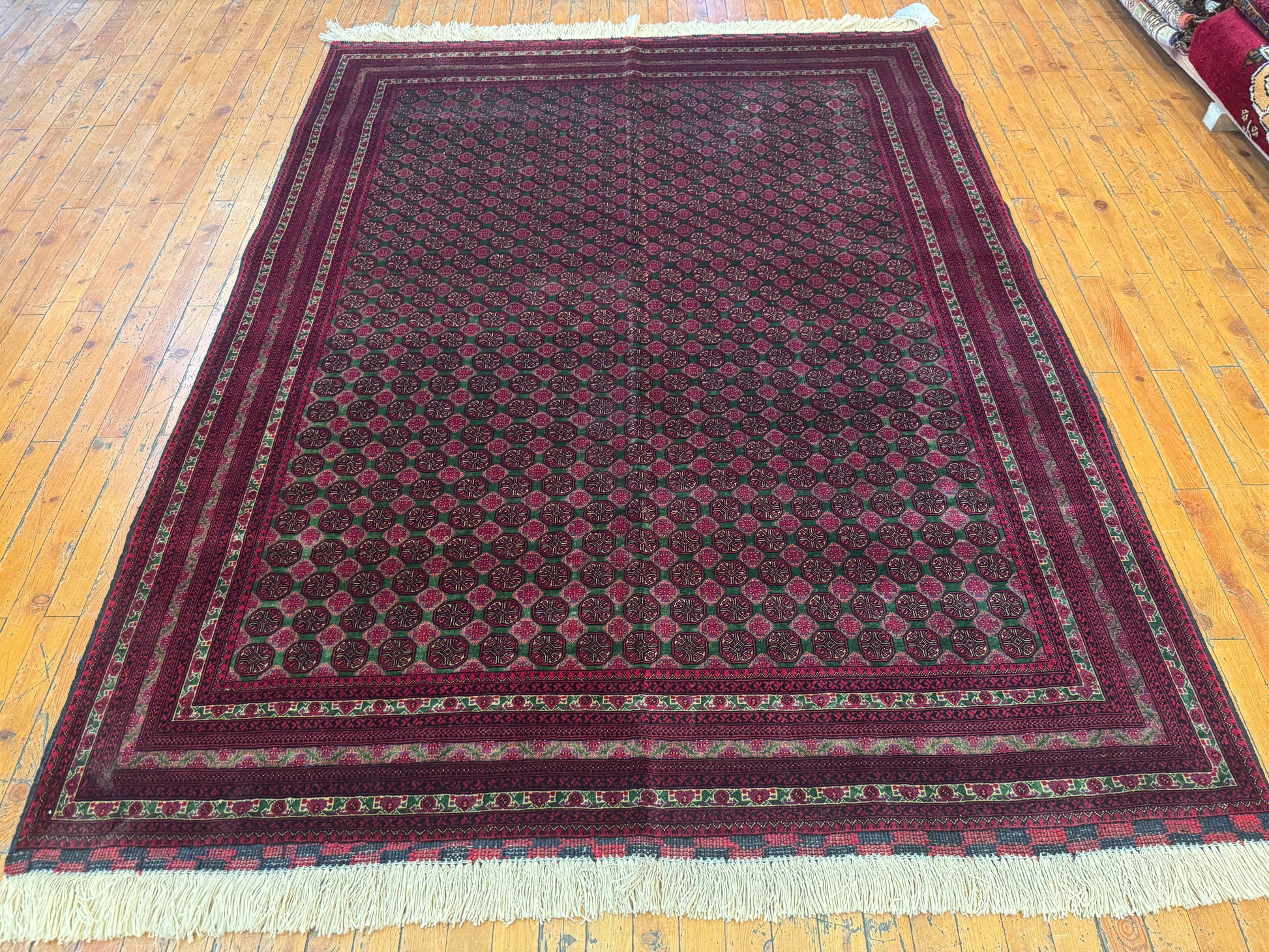 Deep Red Bukhara Hand-Knotted Wool Rug – Geometric Pattern Vintage Carpet 5x7ft Cappadocia Rug Collection
