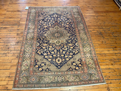 Elegant Vintage Cappadocia Style Handmade Rug – Navy Blue Floral Medallion Carpet 4x6ft