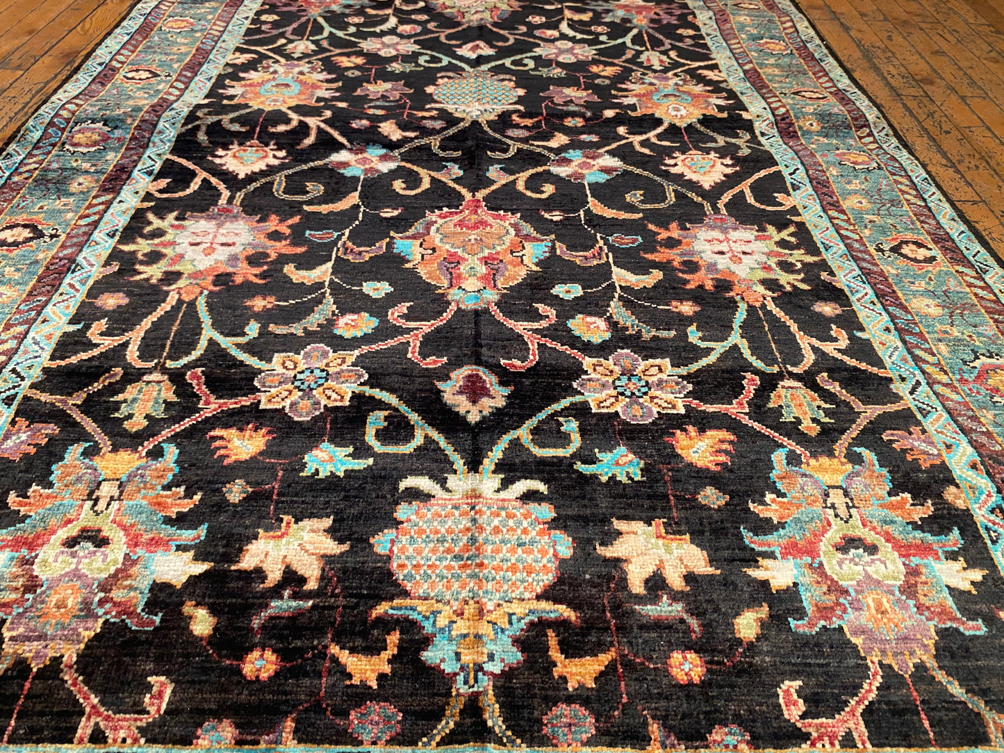Black and Green Floral Handmade Rug 4x6 ft | Wool Carpet Cappadocia Rug Collection