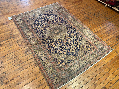 Elegant Vintage Cappadocia Style Handmade Rug – Navy Blue Floral Medallion Carpet 4x6ft