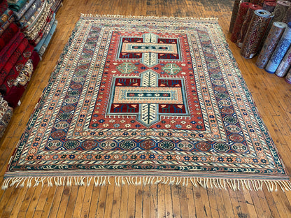 Hand-Knotted Wool Oriental Carpet with Geometric Tribal Cross 7’2”x9”