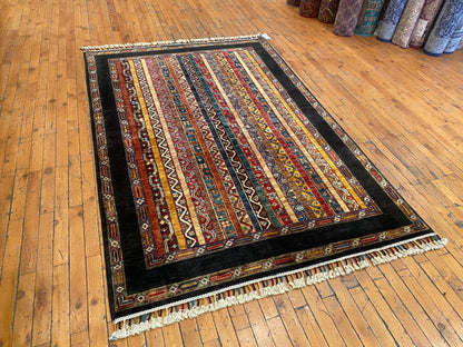 Handmade Zara Inspired Wool Area Rug - Vintage Style Hand-Knotted Neutral Black Oriental Carpet with Textured Design for Living Room, Bedroom Decor 4”x5’9”ft