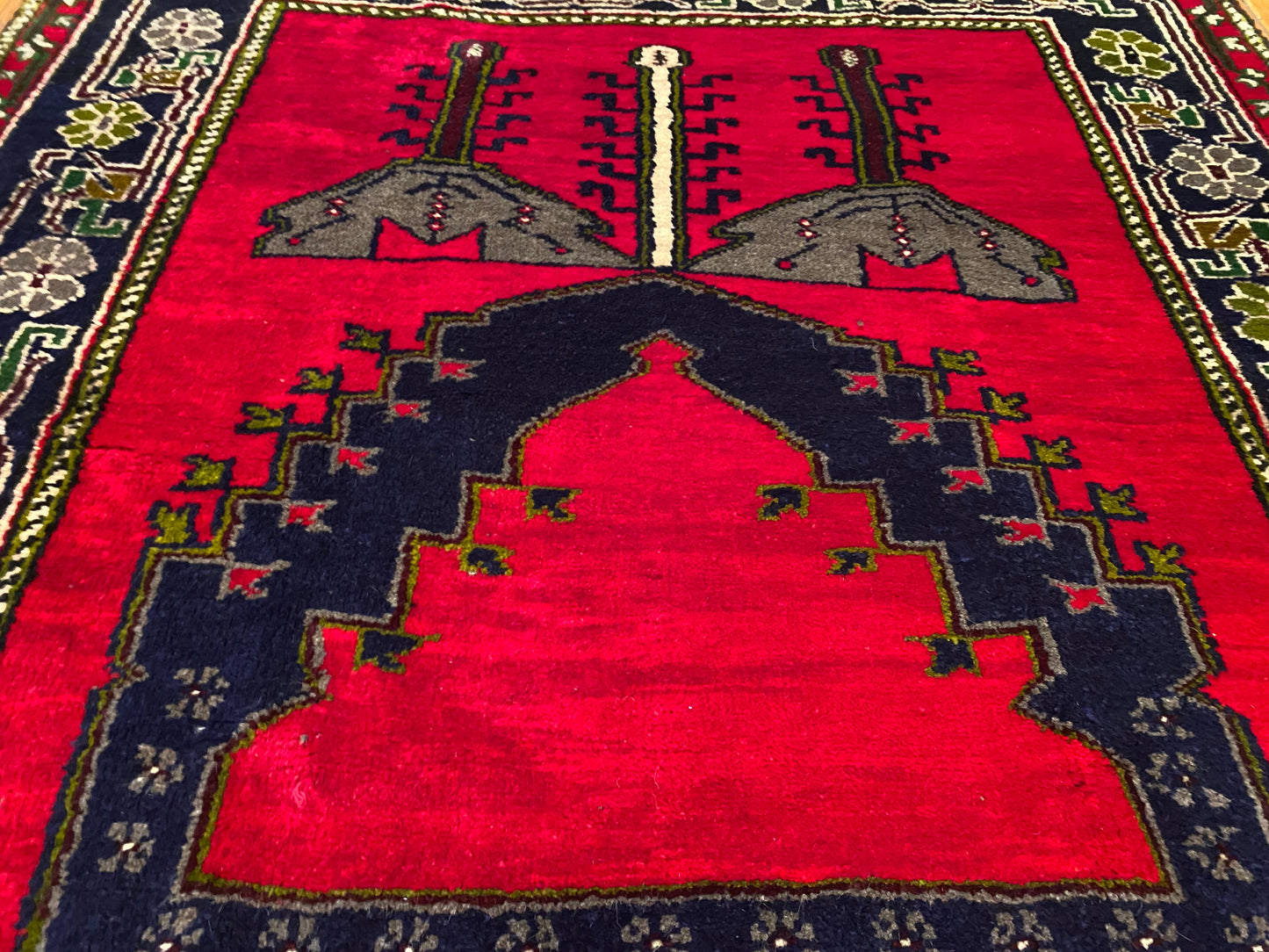 Red Geometric Antique Handmade Turkish Rug 5x8 ft | Vintage Rug Cappadocia Rug Collection