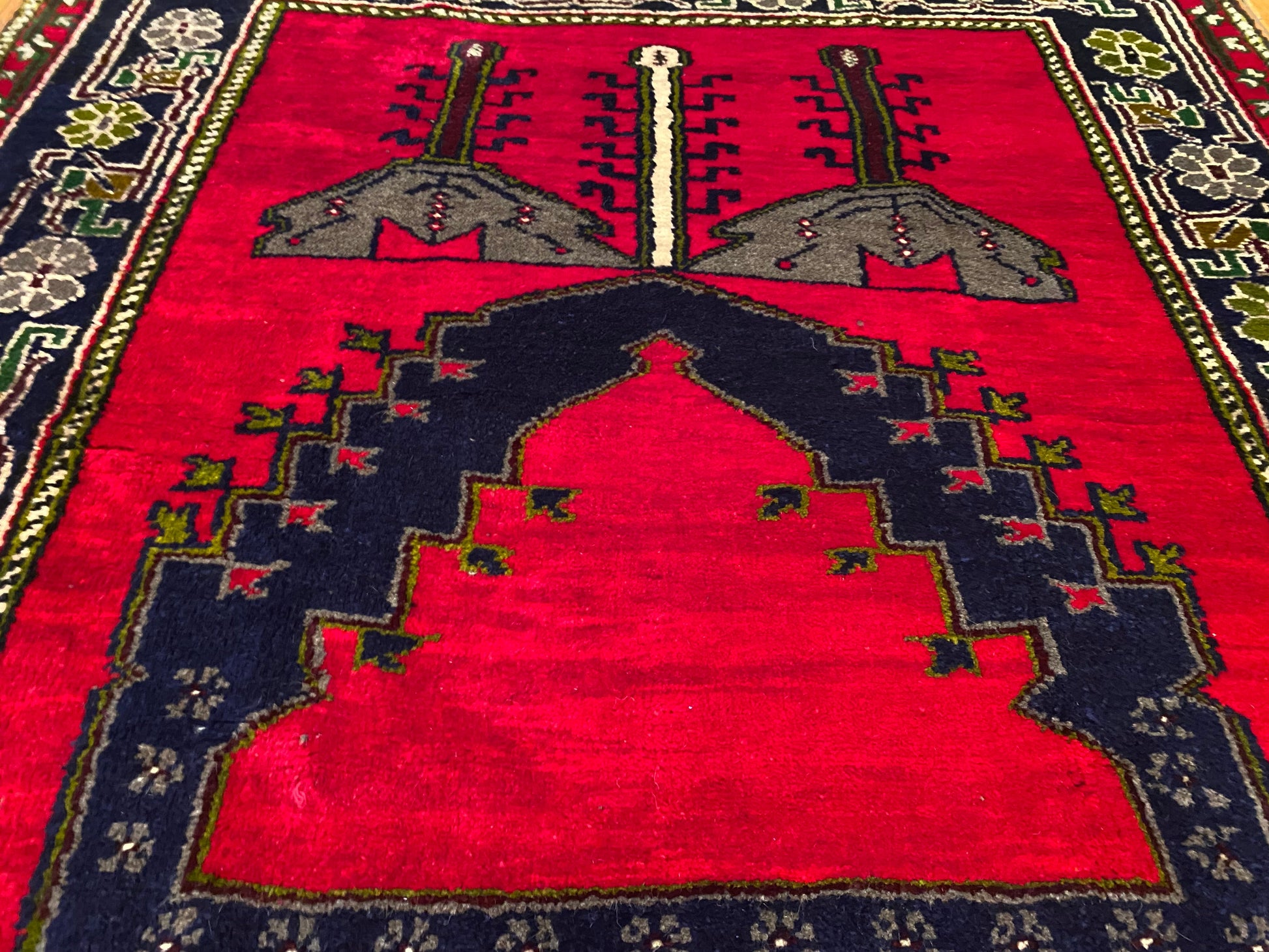 Red Geometric Antique Handmade Turkish Rug 5x8 ft | Vintage Rug Cappadocia Rug Collection