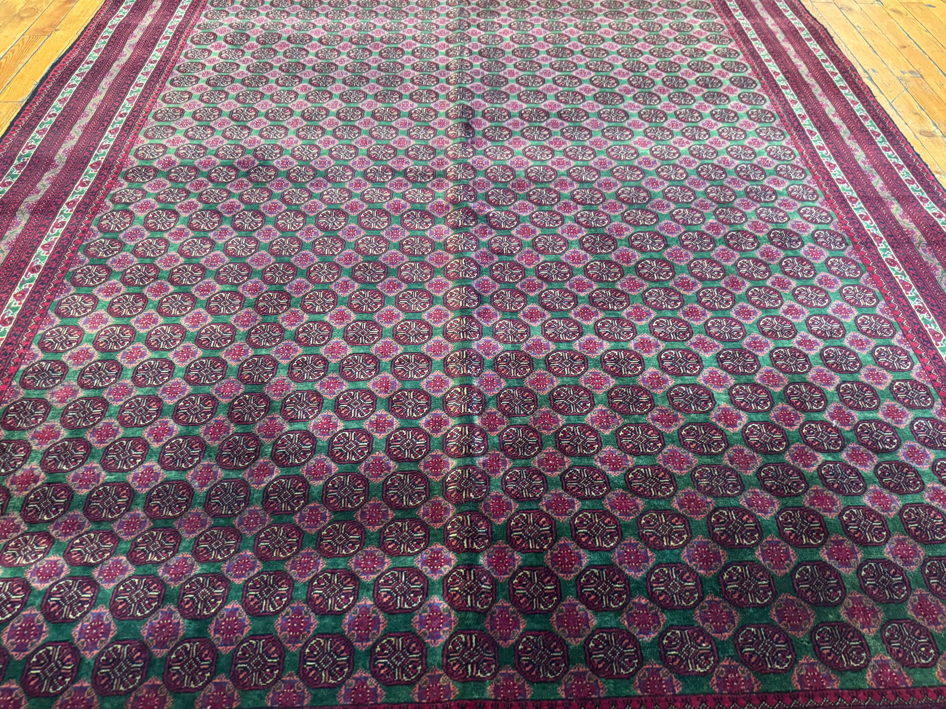 Deep Red Bukhara Hand-Knotted Wool Rug – Geometric Pattern Vintage Carpet 5x7ft Cappadocia Rug Collection