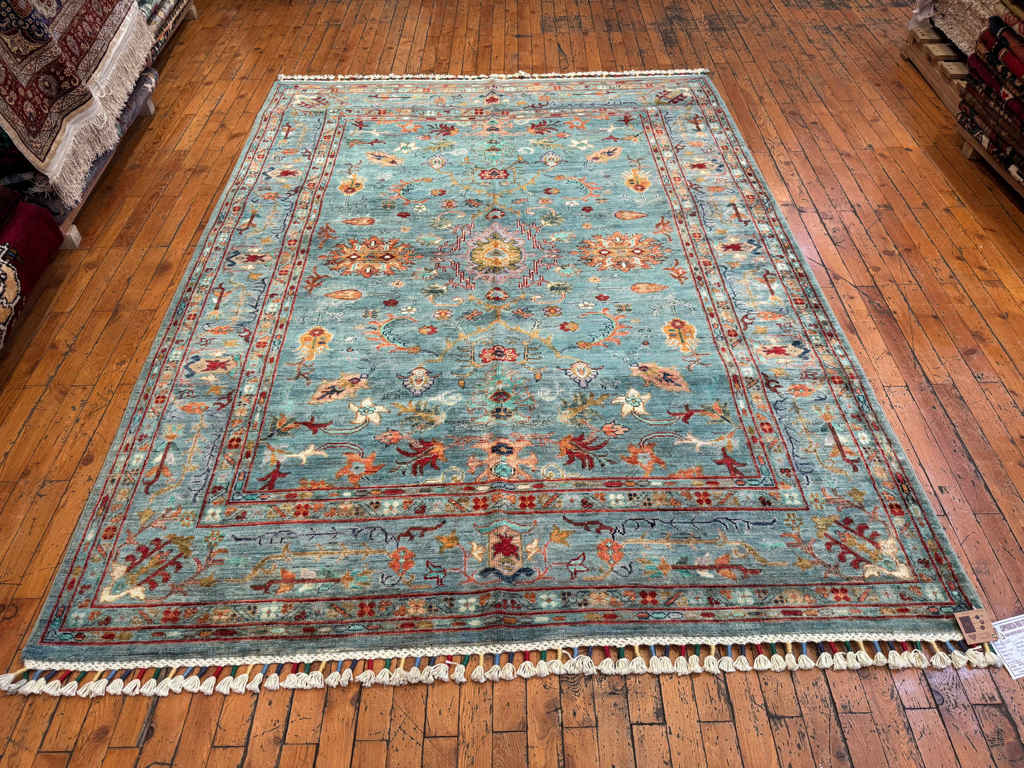Handwoven Turquoise Wool Rug 5x7ft – Oriental Floral Design Turkish Carpet Cappadocia Rug Collection