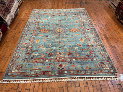 Handwoven Turquoise Wool Rug 5x7ft – Oriental Floral Design Turkish Carpet Cappadocia Rug Collection
