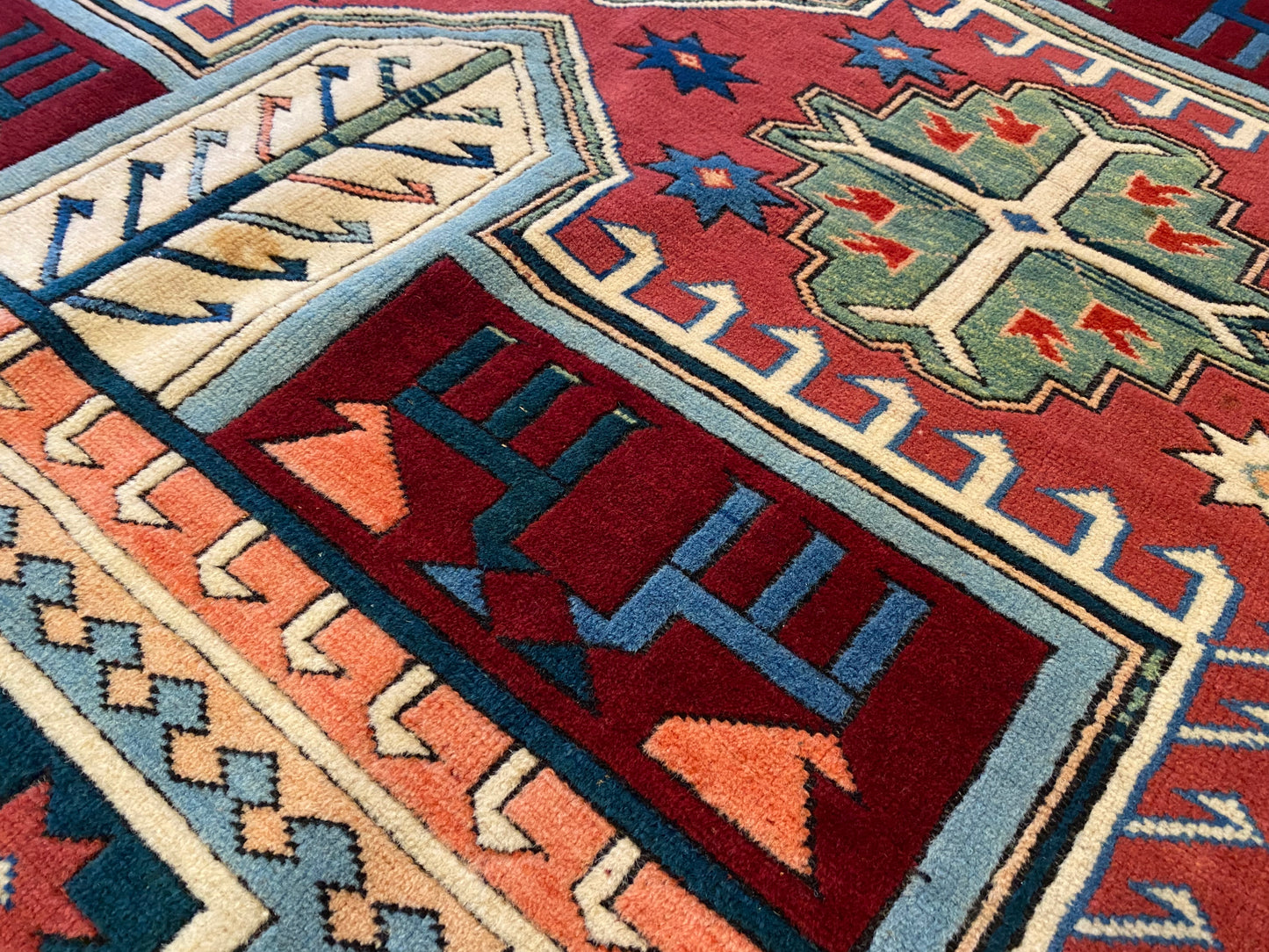 Hand-Knotted Wool Oriental Carpet with Geometric Tribal Cross 7’2”x9”