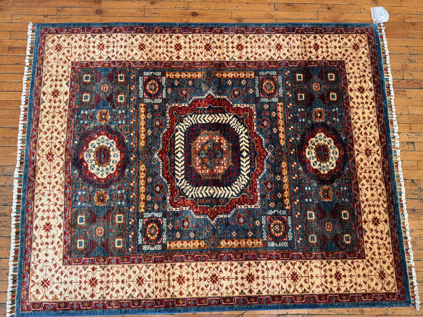 Large Statement Turkish Rug for Living Room - Blue, Red, and Cream Design 5x6ft