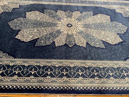 Navy Blue Medallion Vintage Design Oriental Silk Carpet 3”x5''ft