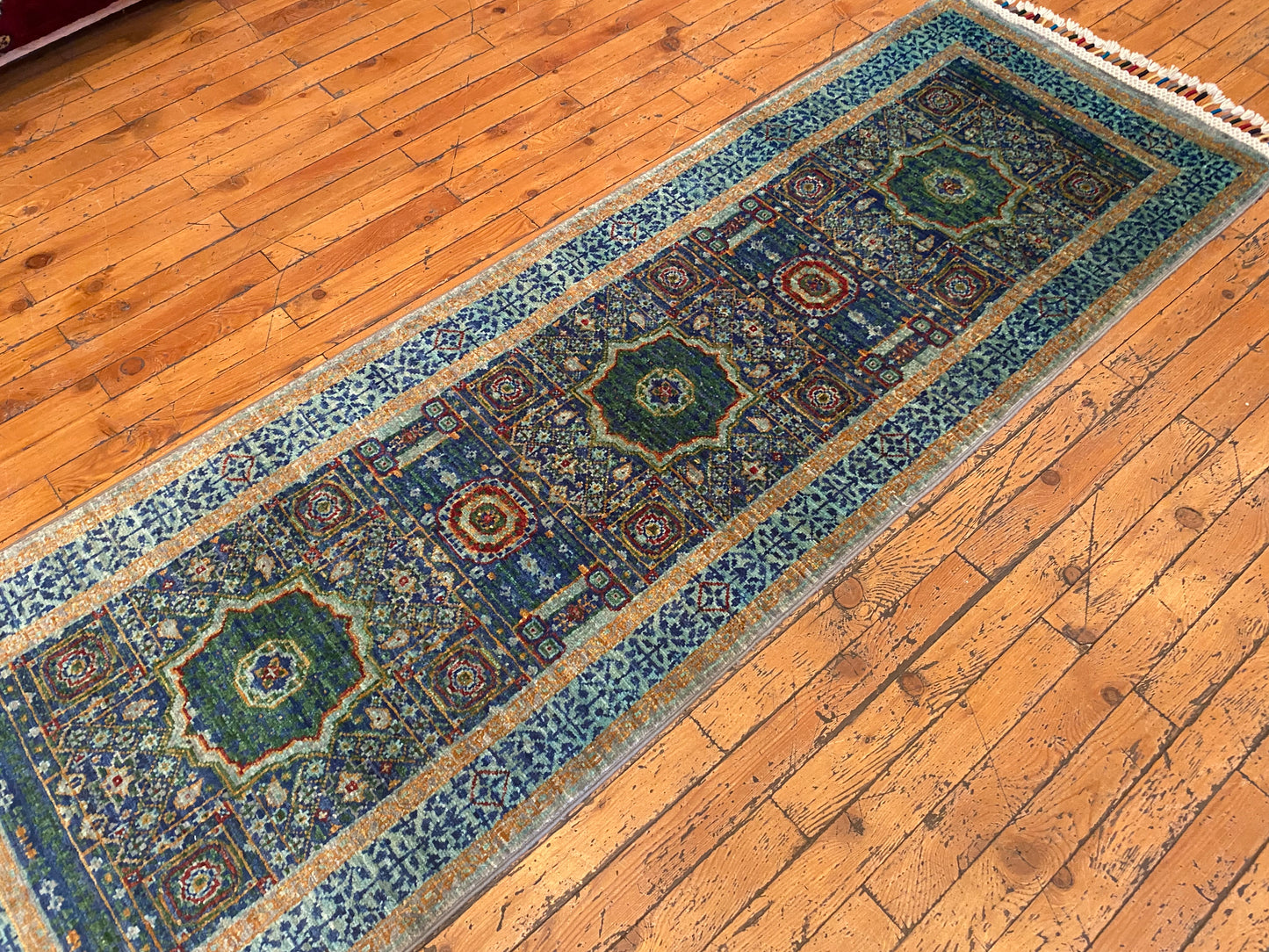 Turkish Hand-Knotted Runner – Oriental Wool Rug with Geometric Medallions 2x6ft