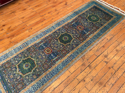 Turkish Hand-Knotted Runner – Oriental Wool Rug with Geometric Medallions 2x6ft