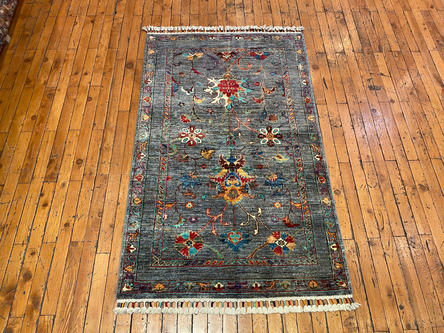 Indigo Gray Floral Handmade Area Rug 3x5 ft 130x85cm Cappadocia Rug Collection