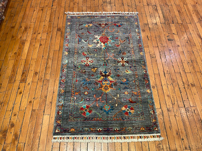 Indigo Gray Floral Handmade Area Rug 3x5 ft 130x85cm Cappadocia Rug Collection
