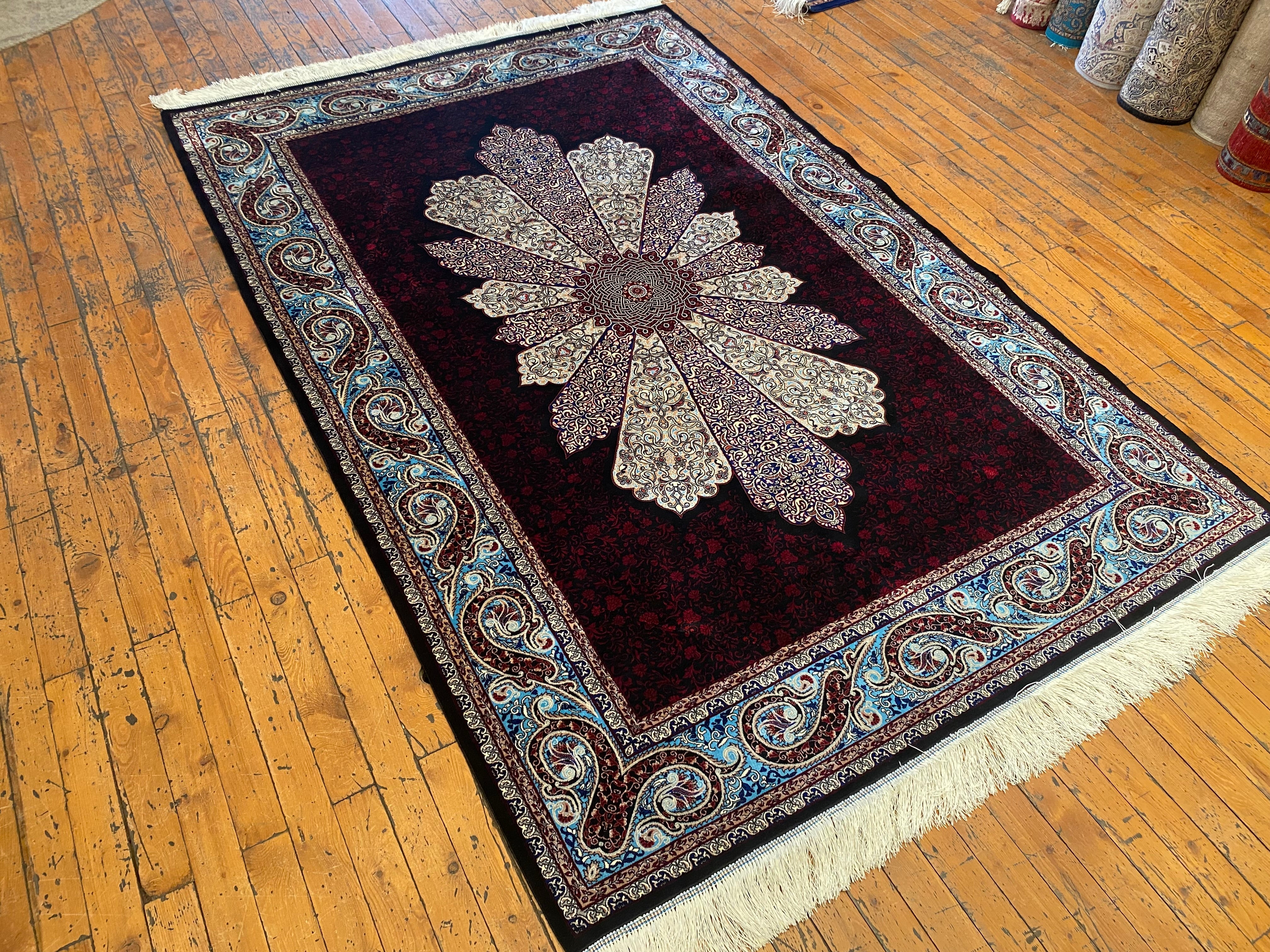 Black Red Medallion Turkish Silk Carpet 4x6ft | Luxury Anatolian