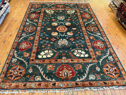 GREEN HAND-KNOTTED CARPET,6 x 8 FT NATURAL DYE CARPET,FLORAL HANDMADE CARPET Cappadocia Rug Collection
