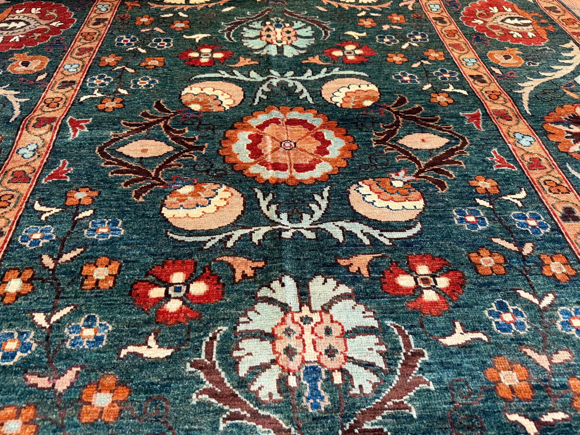 GREEN HAND-KNOTTED CARPET,6 x 8 FT NATURAL DYE CARPET,FLORAL HANDMADE CARPET Cappadocia Rug Collection