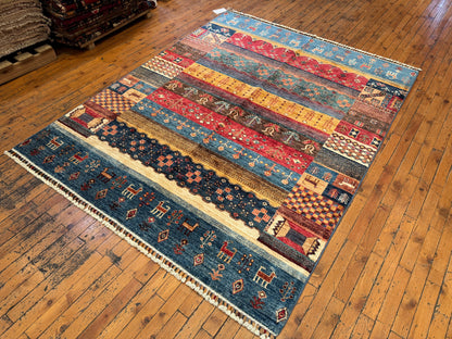 Handwoven Gabbeh Wool Rug – Colorful Geometric & Tribal Design, Area Carpet 5x7ft Cappadocia Rug Collection