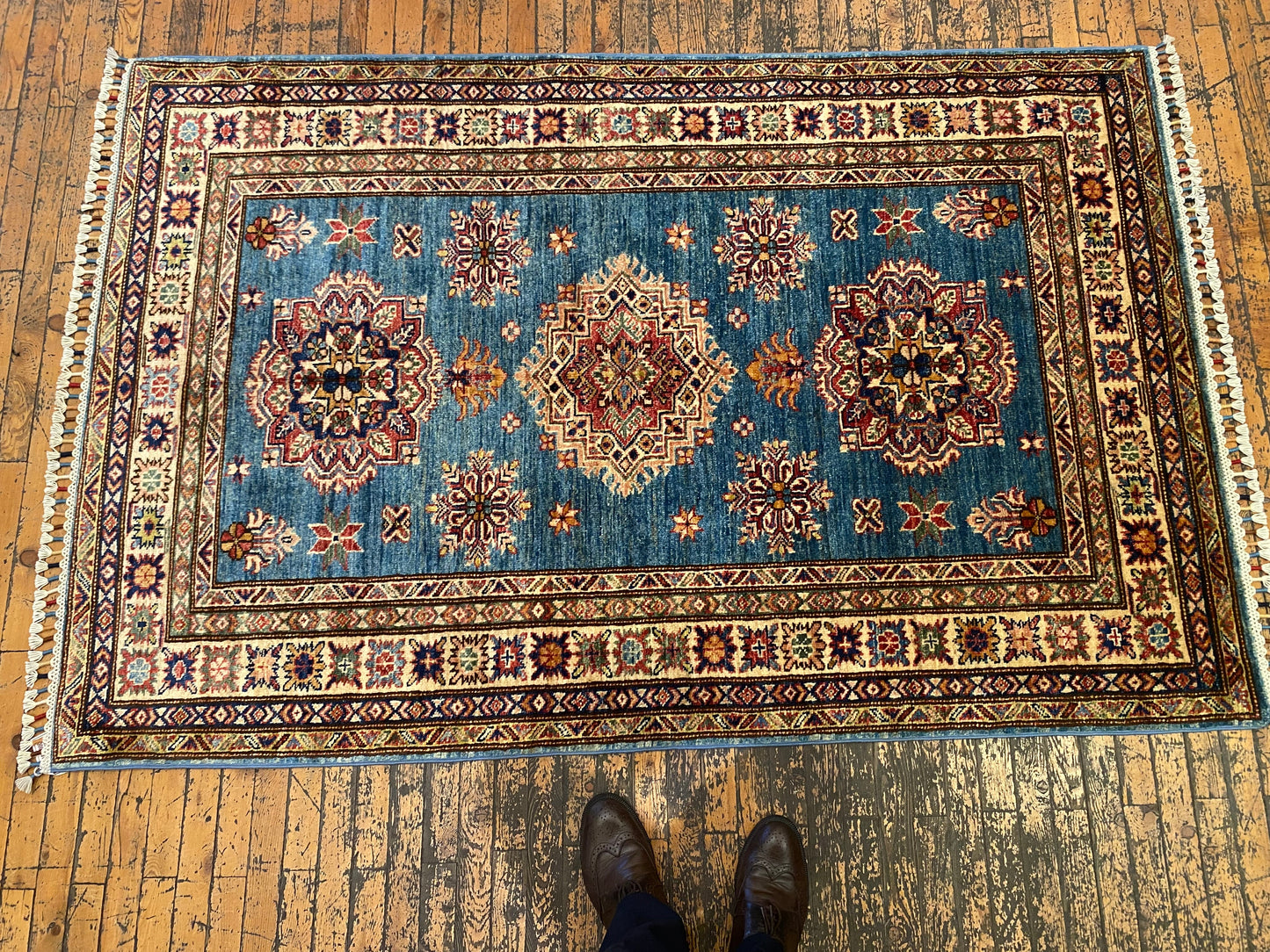 Geometric Turquoise Handmade Kilim Rug 4x6 ft - Authentic  Wool Carpet Cappadocia Rug Collection