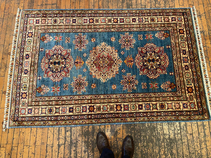 Geometric Turquoise Handmade Kilim Rug 4x6 ft - Authentic  Wool Carpet Cappadocia Rug Collection