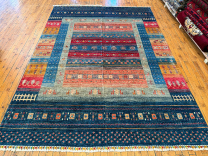 Blue and Orange Natural Dye Handmade Carpet 5 x 8 ft Cappadocia Rug Collection