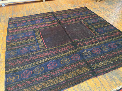 Authentic Square Antique Kilim Rug 4'2"x3'9" - Handwoven Turkish Vintage Carpet