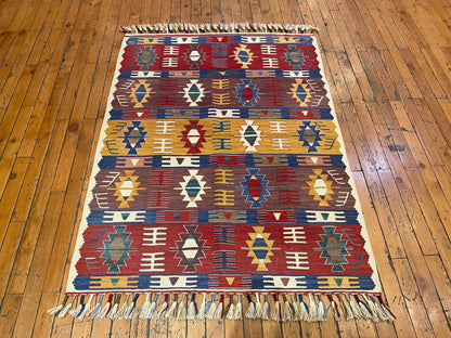 Vintage Anatolian Kilim | Handmade Turkish Flatweave with Tribal Patterns 3x4ft