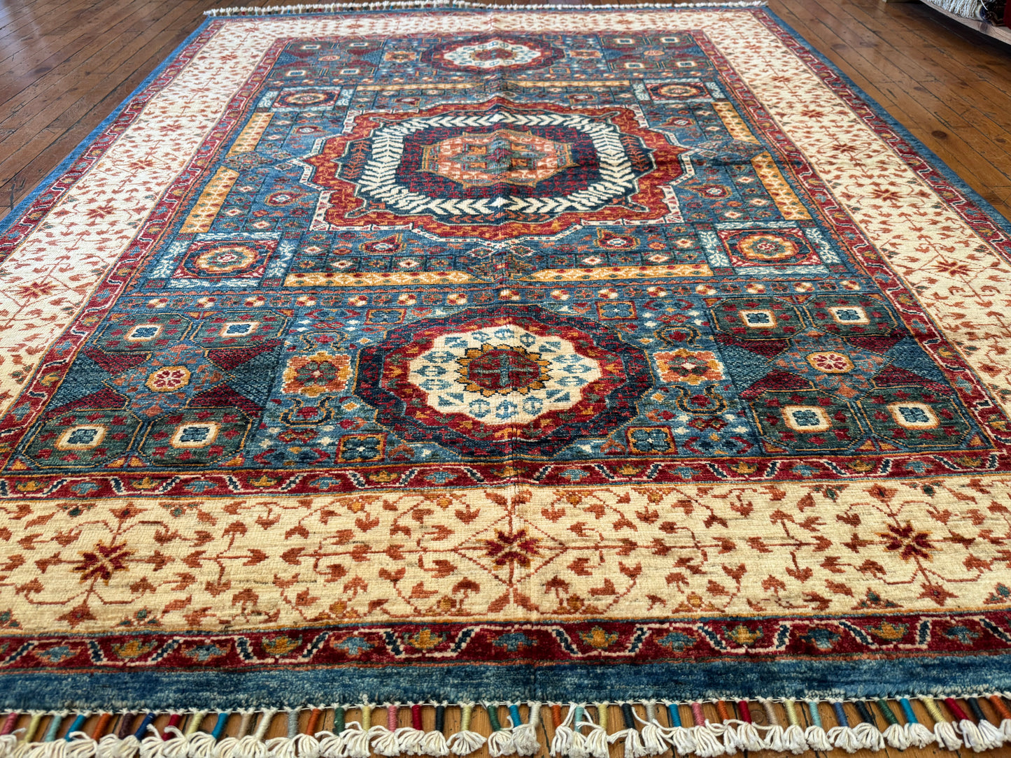 Large Statement Turkish Rug for Living Room - Blue, Red, and Cream Design 5x6ft