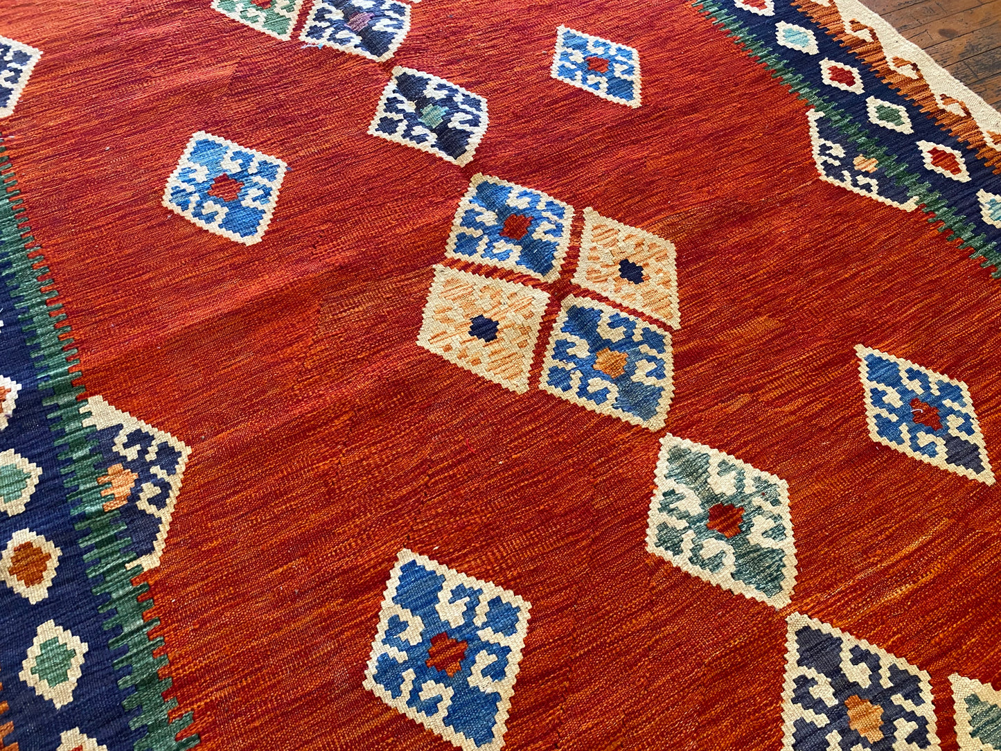 Handwoven Geometric Kilim Rug with Vibrant Tribal Patterns