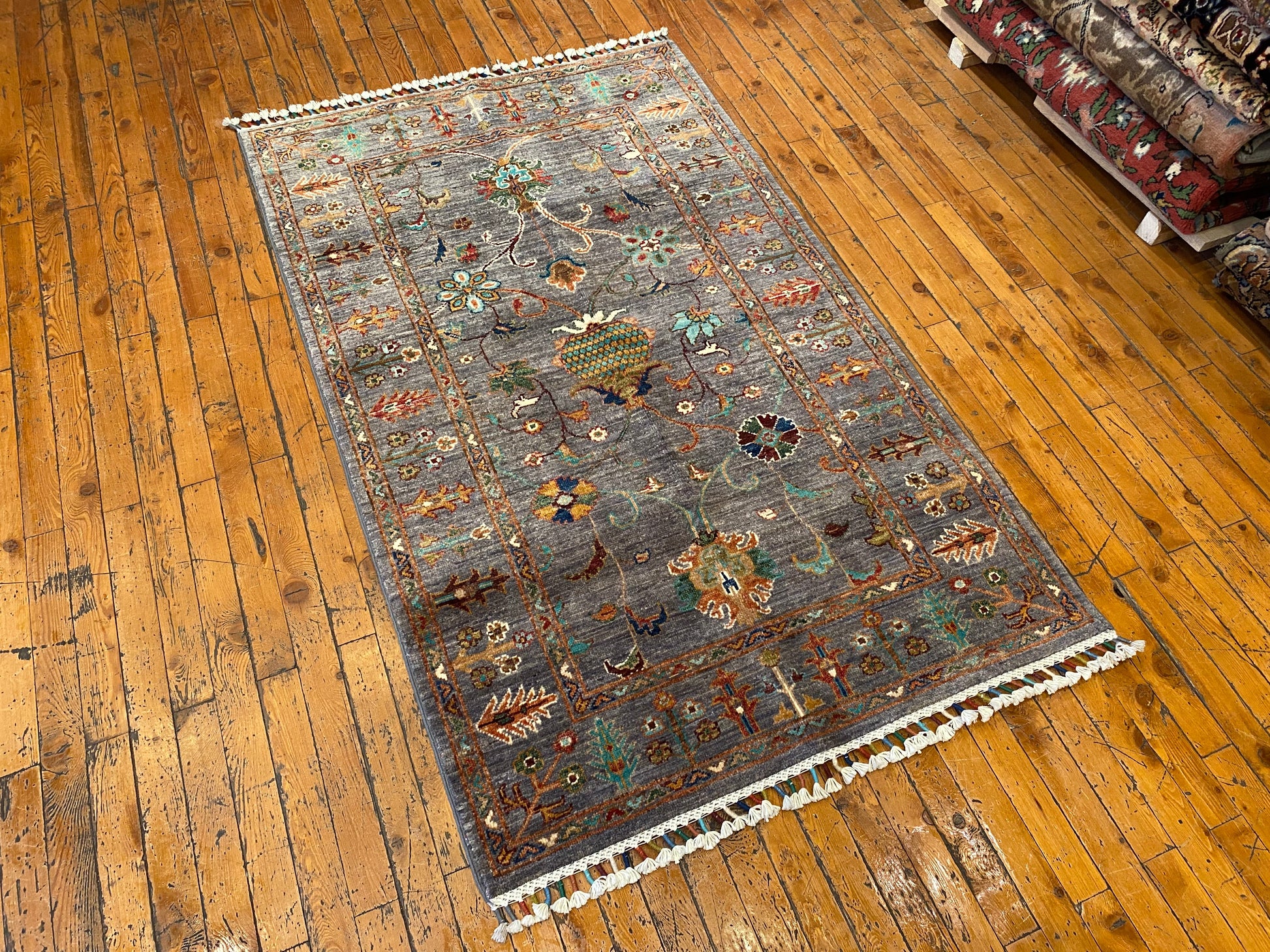 Gray Floral Handmade Rug 3x5ft 90x145cm - Premium Area Rug Cappadocia Rug Collection