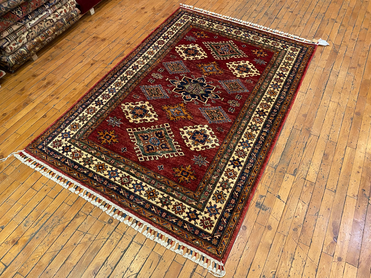 Geometric Design Red Colour Natural Dye Handmade Rug 4”x6”