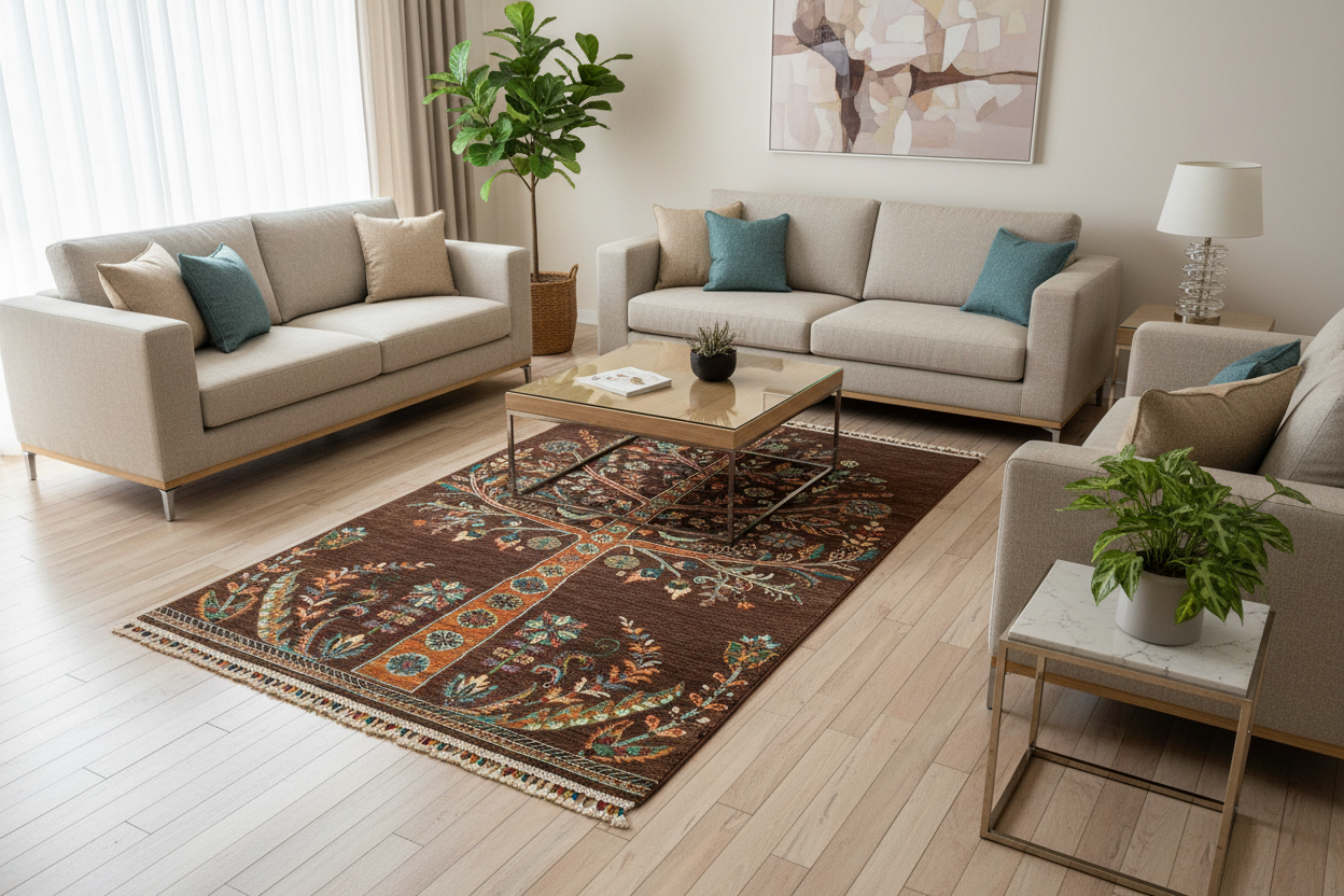 4'x6' kahverengi yün halı yaşam alanında