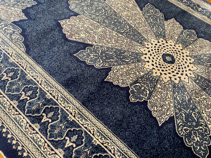 Navy Blue Medallion Vintage Design Oriental Silk Carpet 3”x5''ft