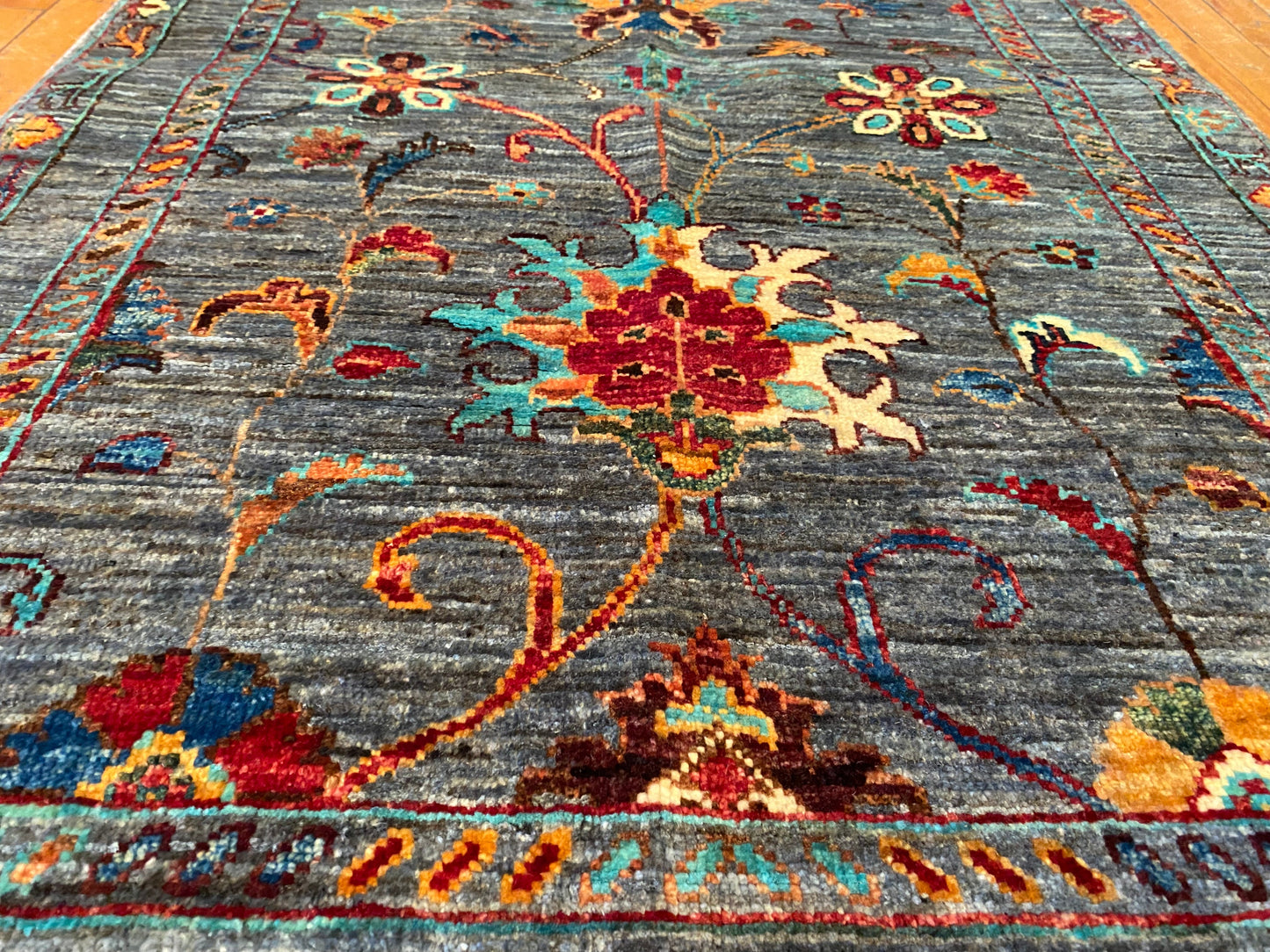 Indigo Gray Floral Handmade Area Rug 3x5 ft 130x85cm Cappadocia Rug Collection