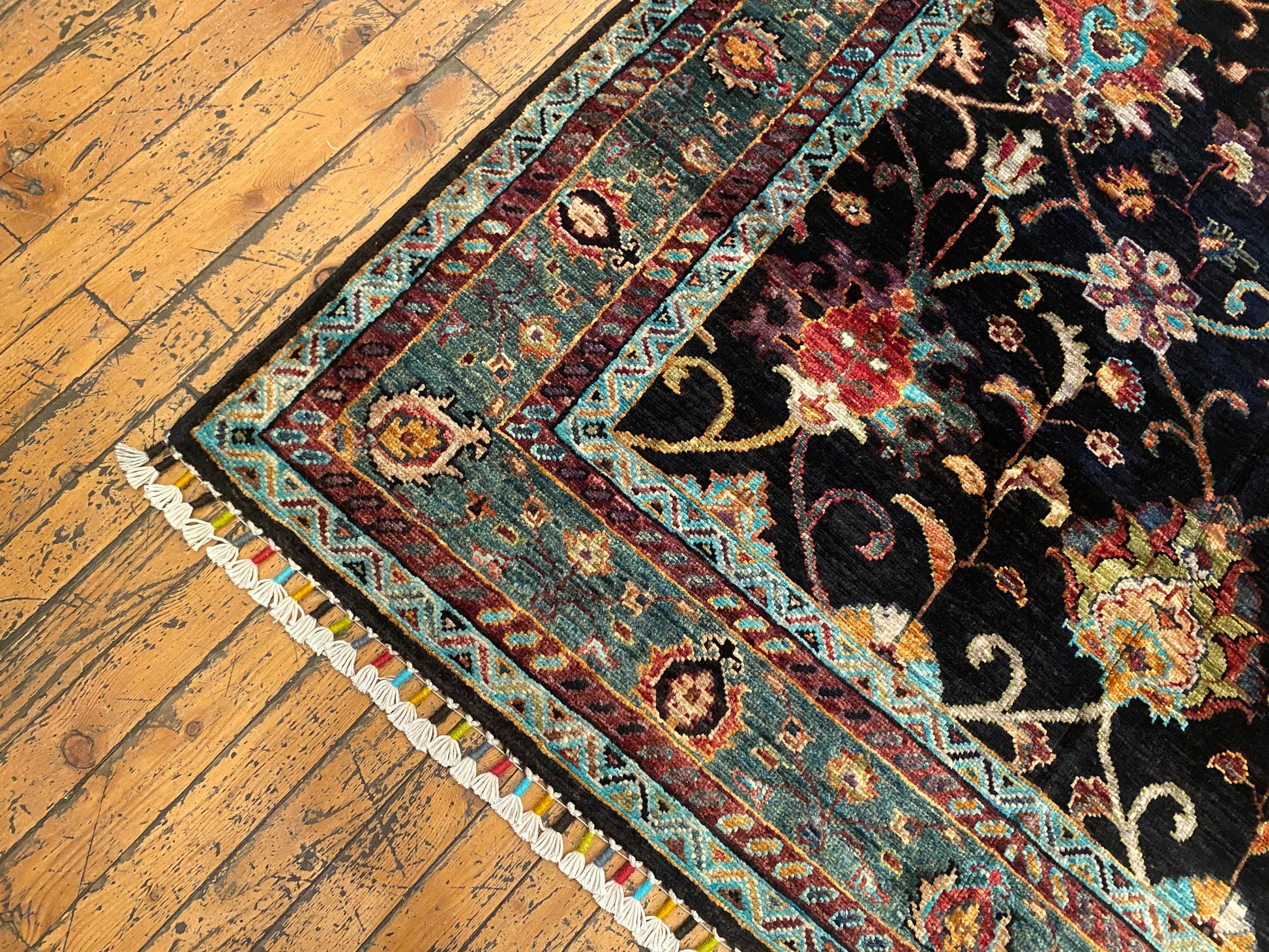 Black and Green Floral Handmade Rug 4x6 ft | Wool Carpet Cappadocia Rug Collection