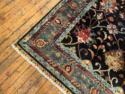 Black and Green Floral Handmade Rug 4x6 ft | Wool Carpet Cappadocia Rug Collection