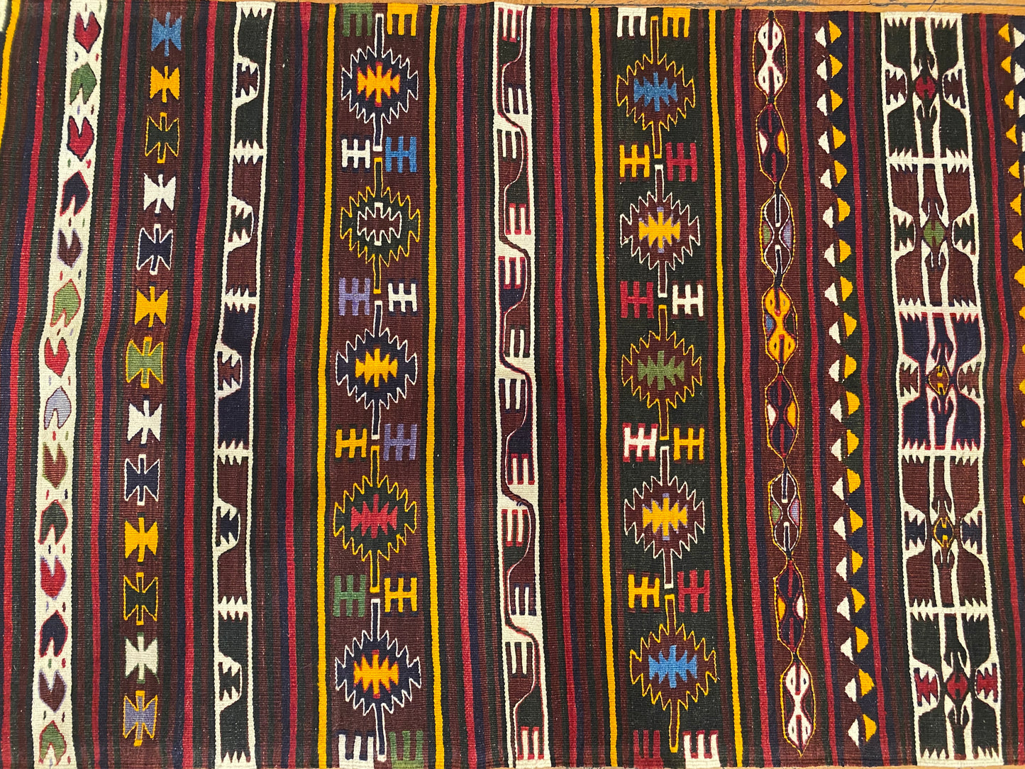 Vintage Anatolian Turkish Kilim Runner - Handwoven Wool Rug with Geometric Tribal Patterns in Maroon, Yellow & Multicolor  2'9''x4'8''