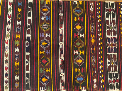 Vintage Anatolian Turkish Kilim Runner - Handwoven Wool Rug with Geometric Tribal Patterns in Maroon, Yellow & Multicolor  2'9''x4'8''