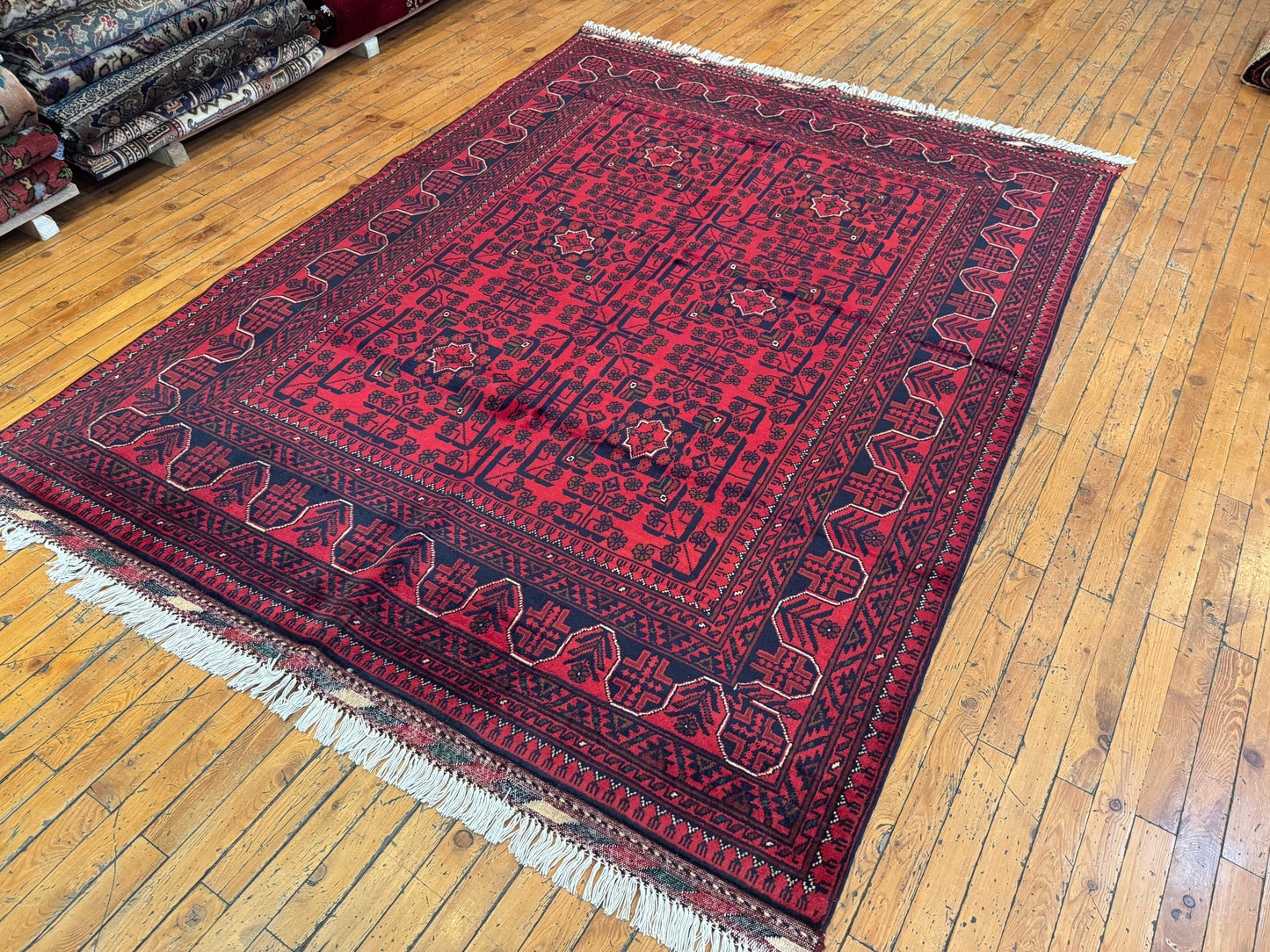 Handwoven Burgundy Area Rug – Wool, Traditional Geometric Motifs 5x8ft Cappadocia Rug Collection