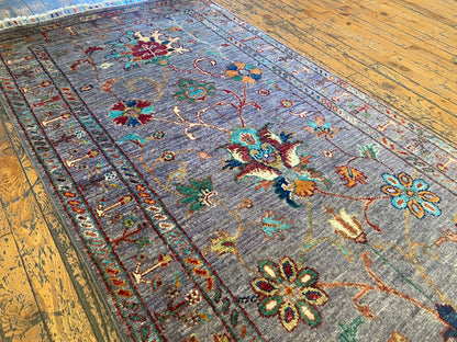 Gray Floral Hand-Knotted Runner Rug: 3''x9'' Premium Double-Knotted Artisan Piece